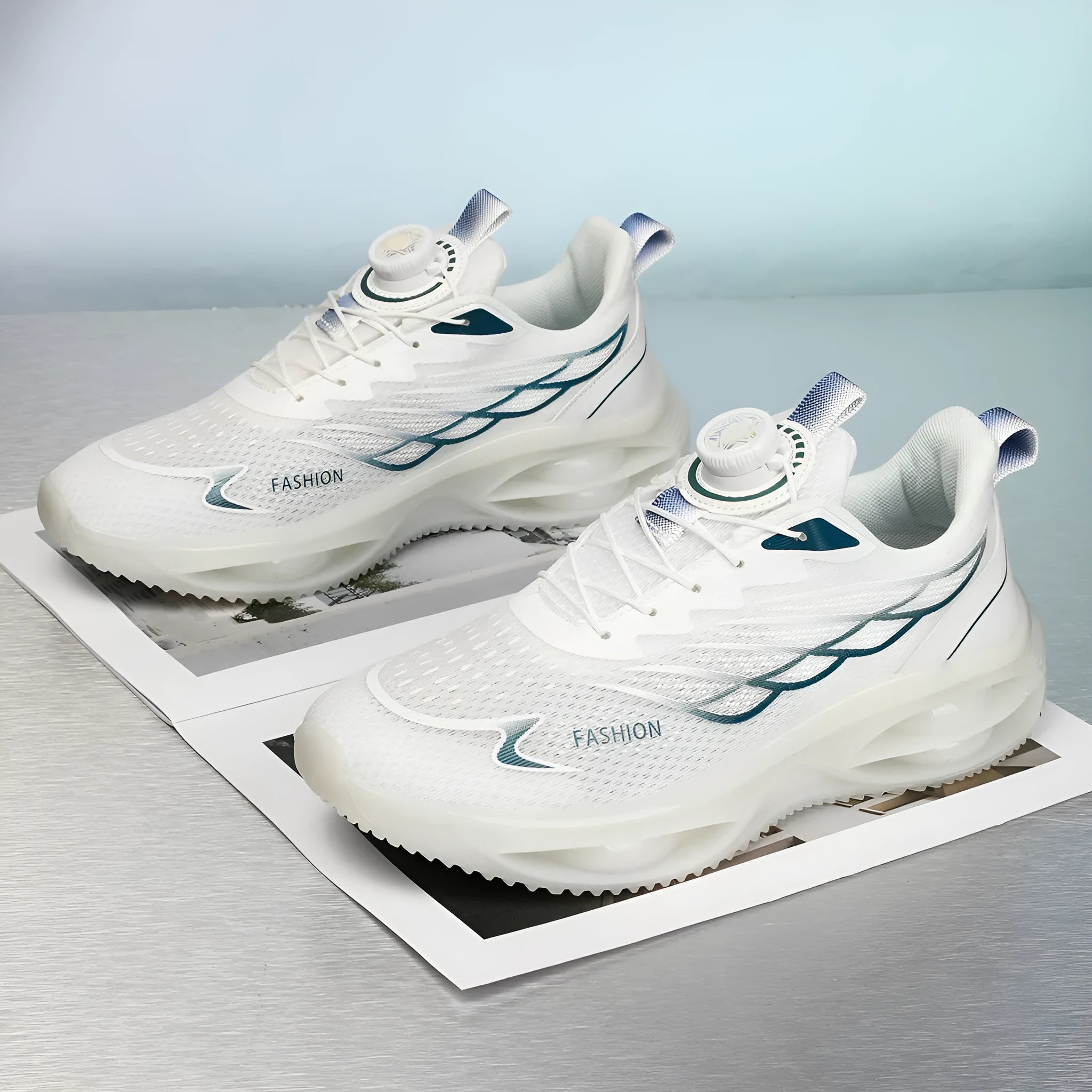 Casual breathable running shoes in sky blue with PU mesh upper and rubber sole.