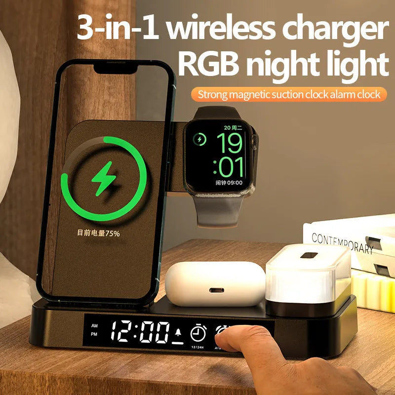 White 4-in-1 wireless charging station showing alarm clock display, foldable stand, and charging pads for phone and Apple Watch.