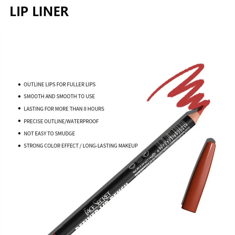Matte finish lip liner pencil in a standard size, shown in one of fourteen available shade numbers.