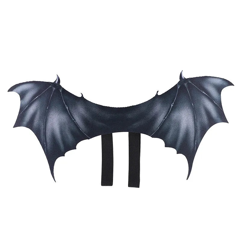 Black cloth bat wings for pets showing small, medium, and large size options