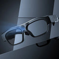 Black smart Bluetooth glasses with transparent lenses for head-mounted video recording