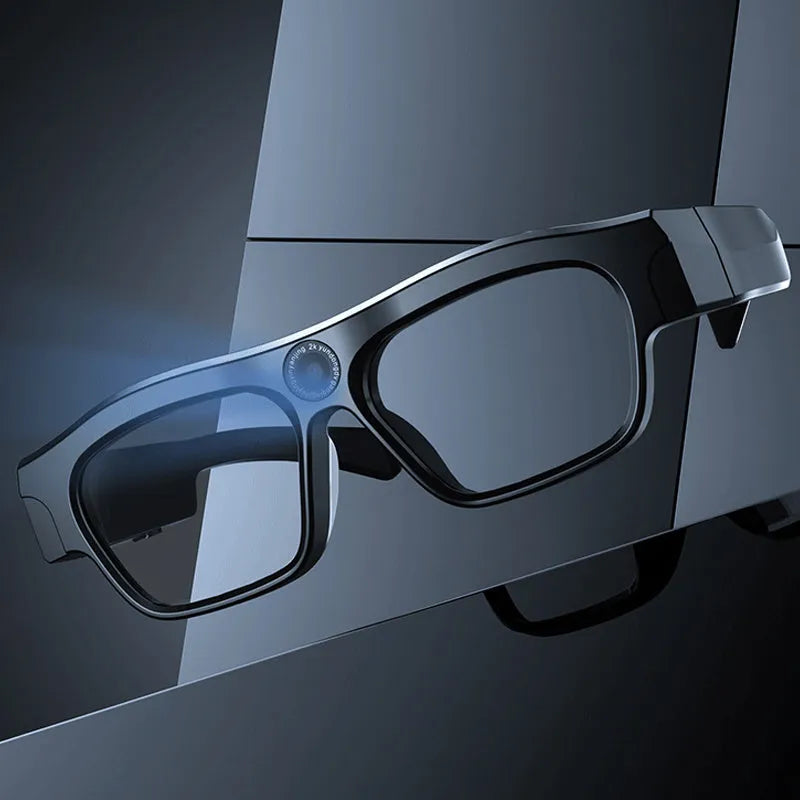 Black smart Bluetooth glasses with transparent lenses for head-mounted video recording