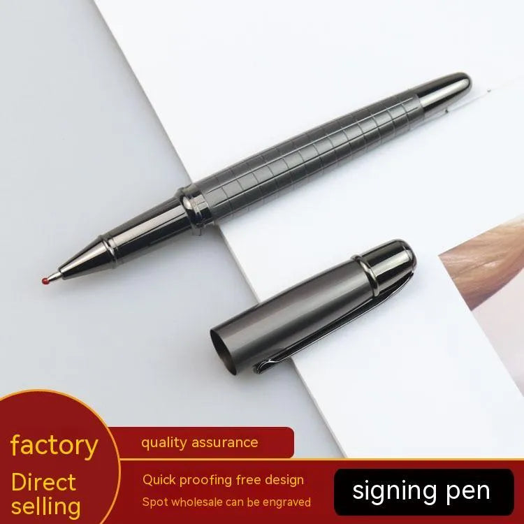 Gun gray metal roller pen showing 13.5cm length with black or blue ink refill options