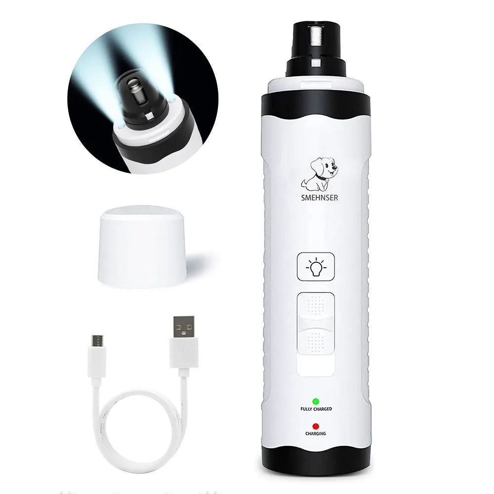 Electric dog nail grinder device with LED display showing speed settings.