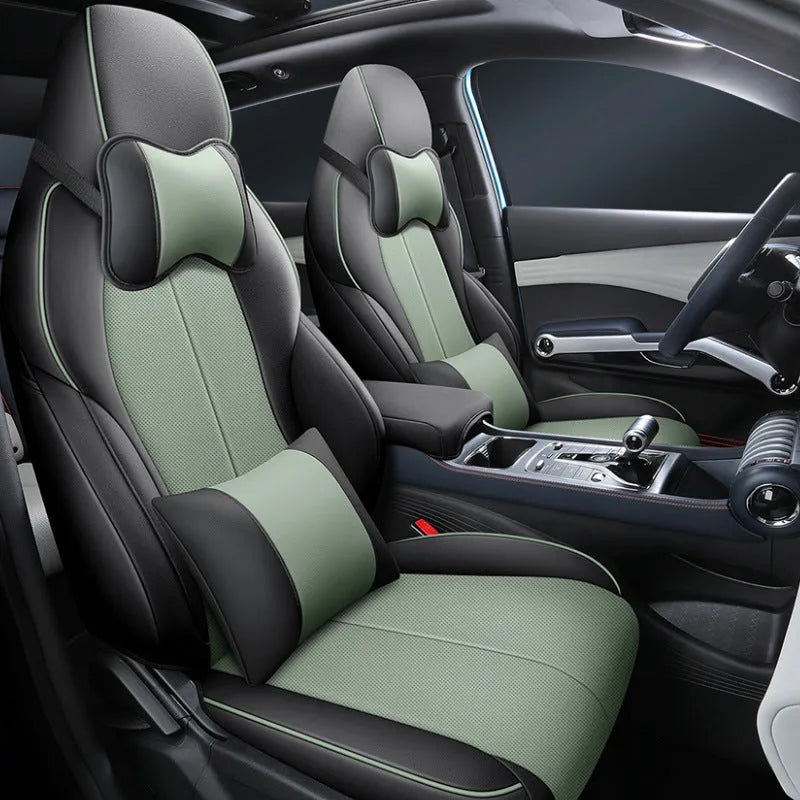 BYD Yuan PLUS car seat cushion cover in green, shown fitted to a car seat.