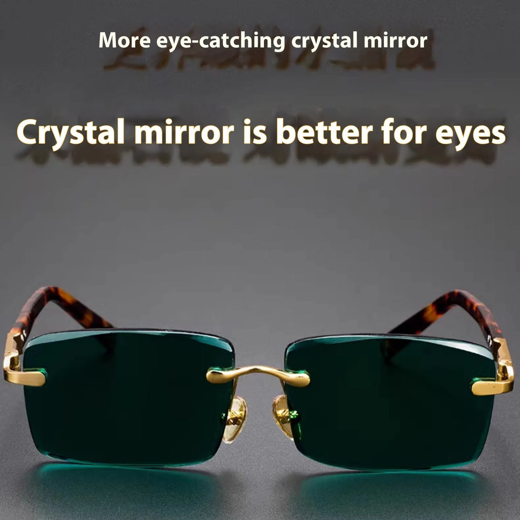 Dark green frameless crystal sunglasses with protective case and cleaning cloth