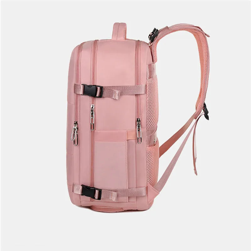 Large purple travel backpack for women showing multiple compartments and an air pillow belt system.