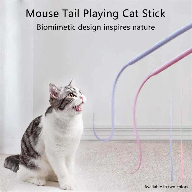 Blue silicone mouse tail cat teaser toy with cat head design measuring 80cm length