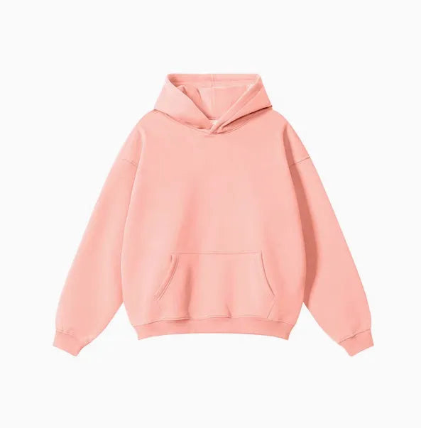 Men's terry cotton hooded sweater in loose pullover style with drop-shoulder sleeves