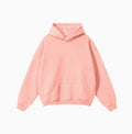 Men's terry cotton hooded sweater in loose pullover style with drop-shoulder sleeves