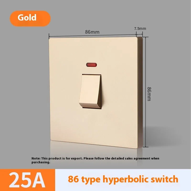 High-current illuminated switch for appliances in gold, grey, or white finish showing on/off light panel.