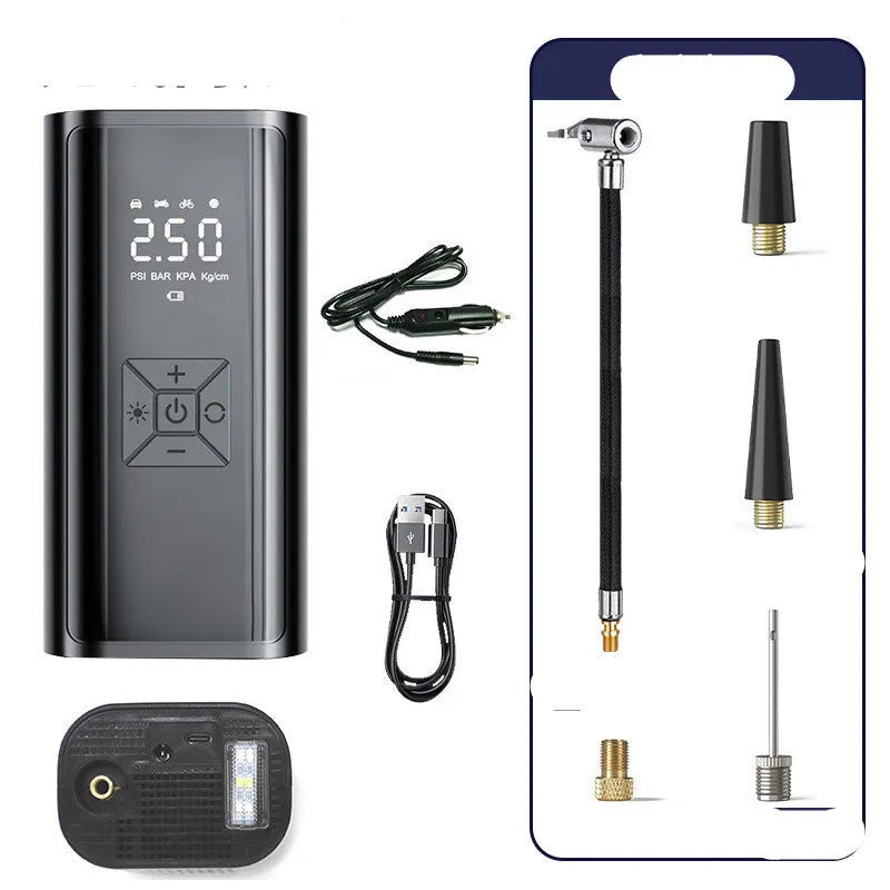 Portable wireless digital display car tyre pump with LED light and USB charging port