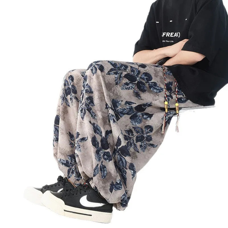 Plus size men's loose casual pants in ice blue polyester, mid waist, sizes M to 5XL