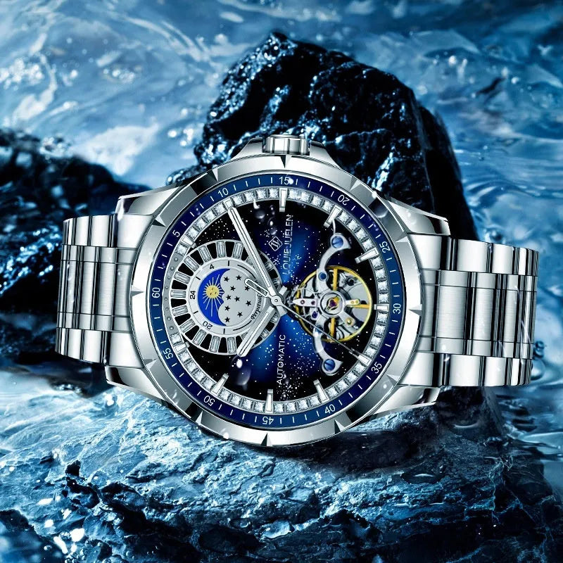 Silver automatic mechanical watch with blue dial on stainless steel bracelet