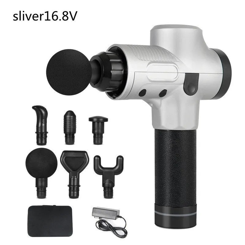 Black electric muscle massage gun with seven different coloured attachment heads on a grey background.