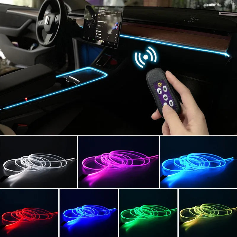 Car USB LED atmosphere lamp showing colour-changing strip installed on dashboard