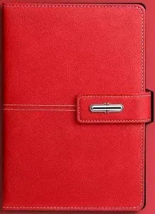 A5 notebook with PU leather cover shown in multiple colour options including black, red, green, blue, and orange.