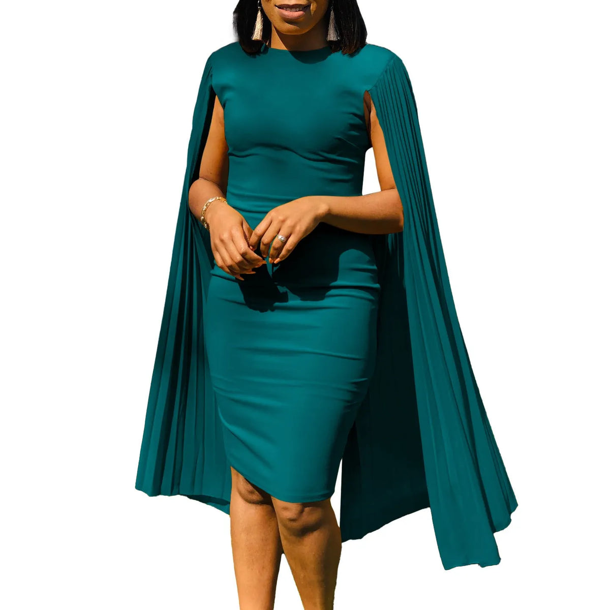 Round neck evening gown with high waist and long sleeves in polyester fabric