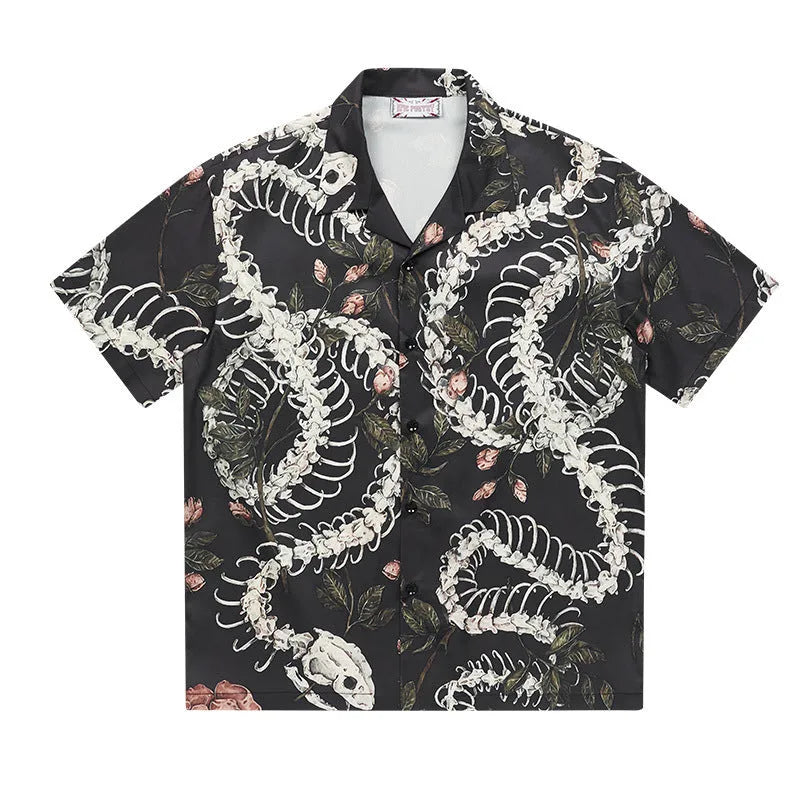 Short sleeve Cuban collar shirt with snake bone and flower pattern print in loose fit cardigan style