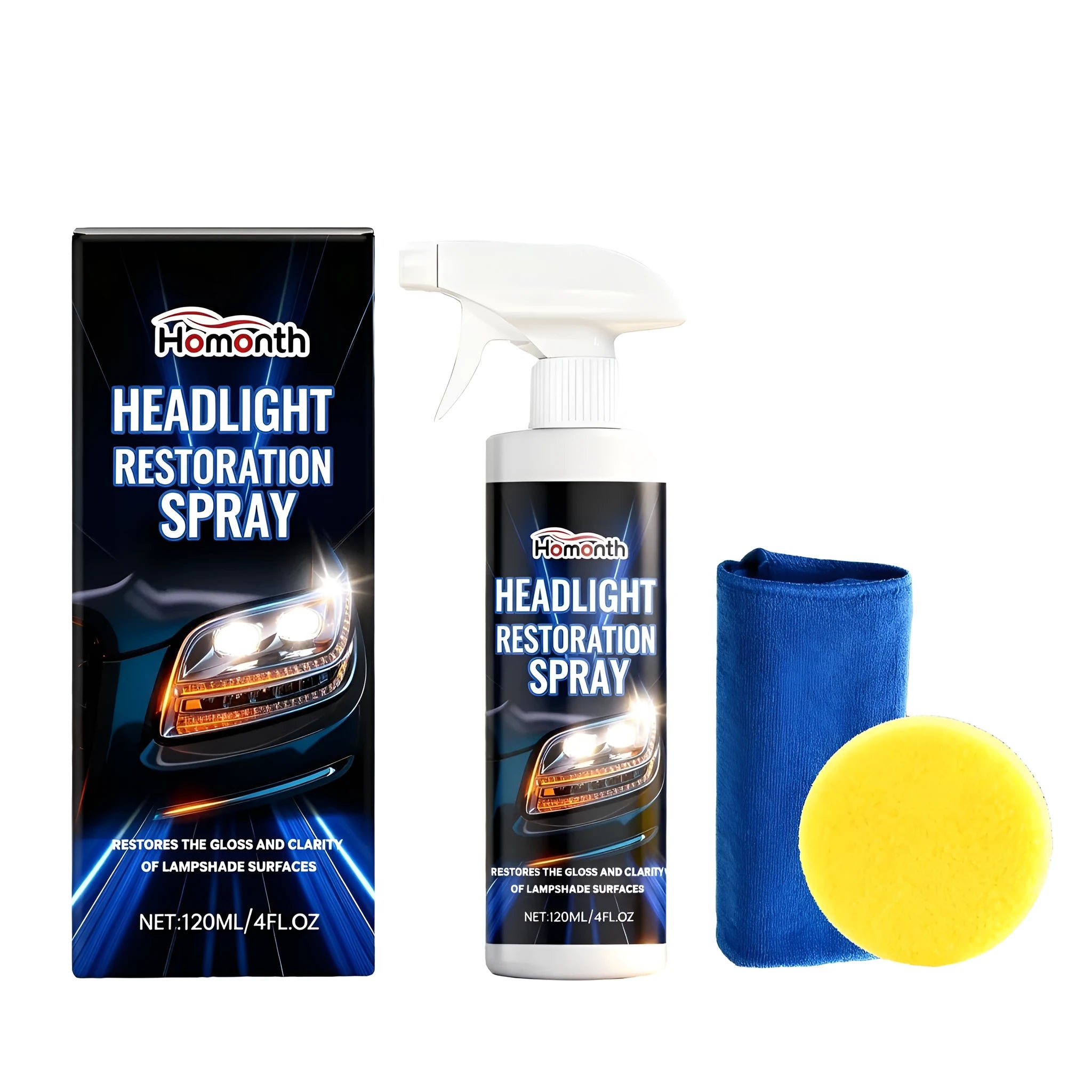 HOMONTH 120ml headlight restoration spray bottle with sponge and towel for car headlight cleaning