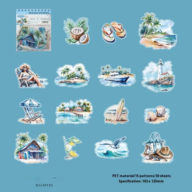 Holiday Journey Series architecture journal stickers with retro illustrations of seven famous landmarks