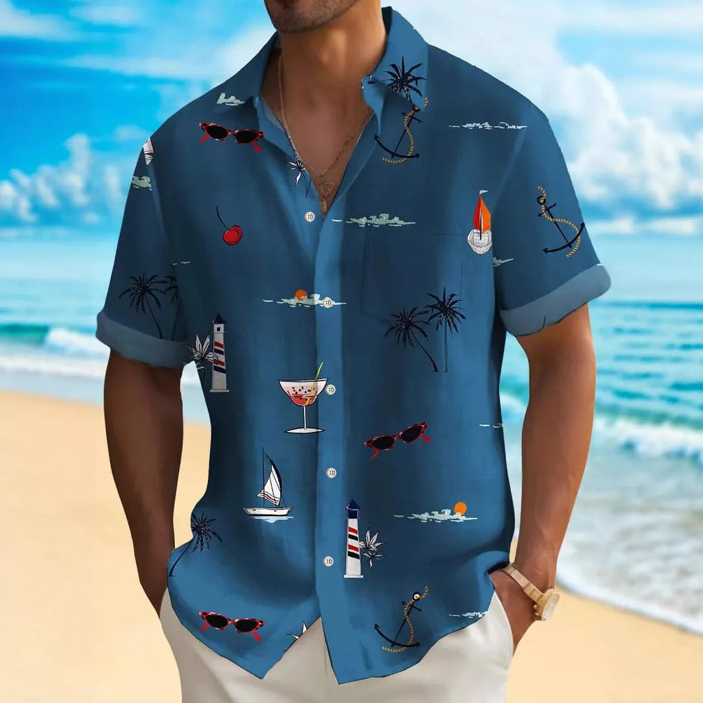 Men's loose fit Hawaiian shirt with digital print pattern, short sleeves.