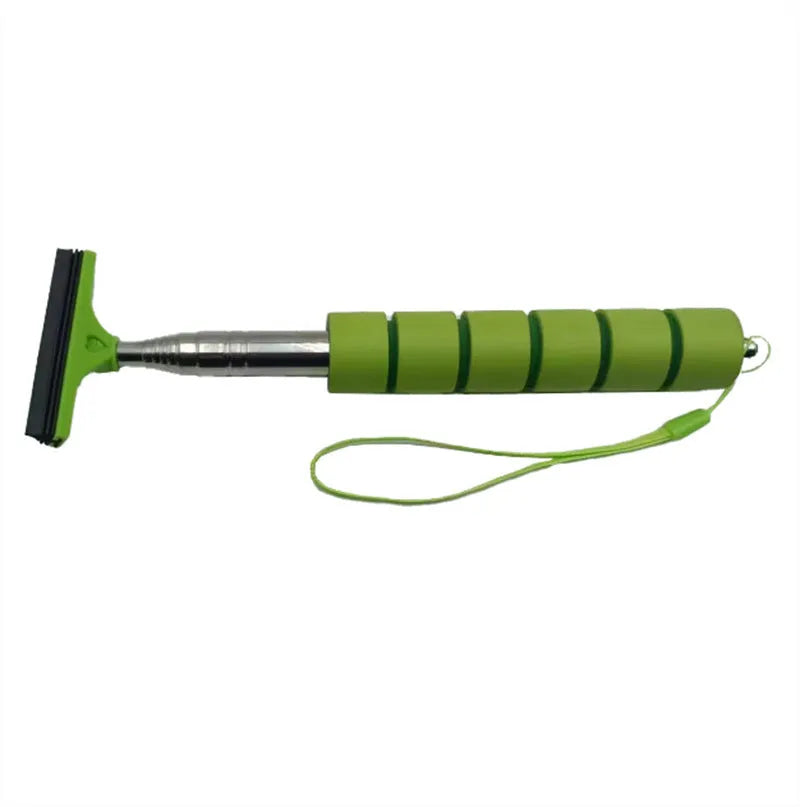 Retractable stainless steel wiper for car exterior rearview mirror showing extended and retracted positions