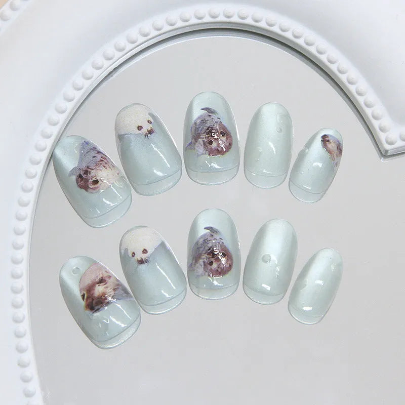 Short oval summer ocean cat eye press-on nails with glue for ladies, cute wearable plastic nail set