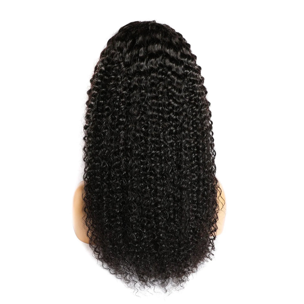 Curly human hair wig with lace front in various lengths showing natural texture and hand-woven construction