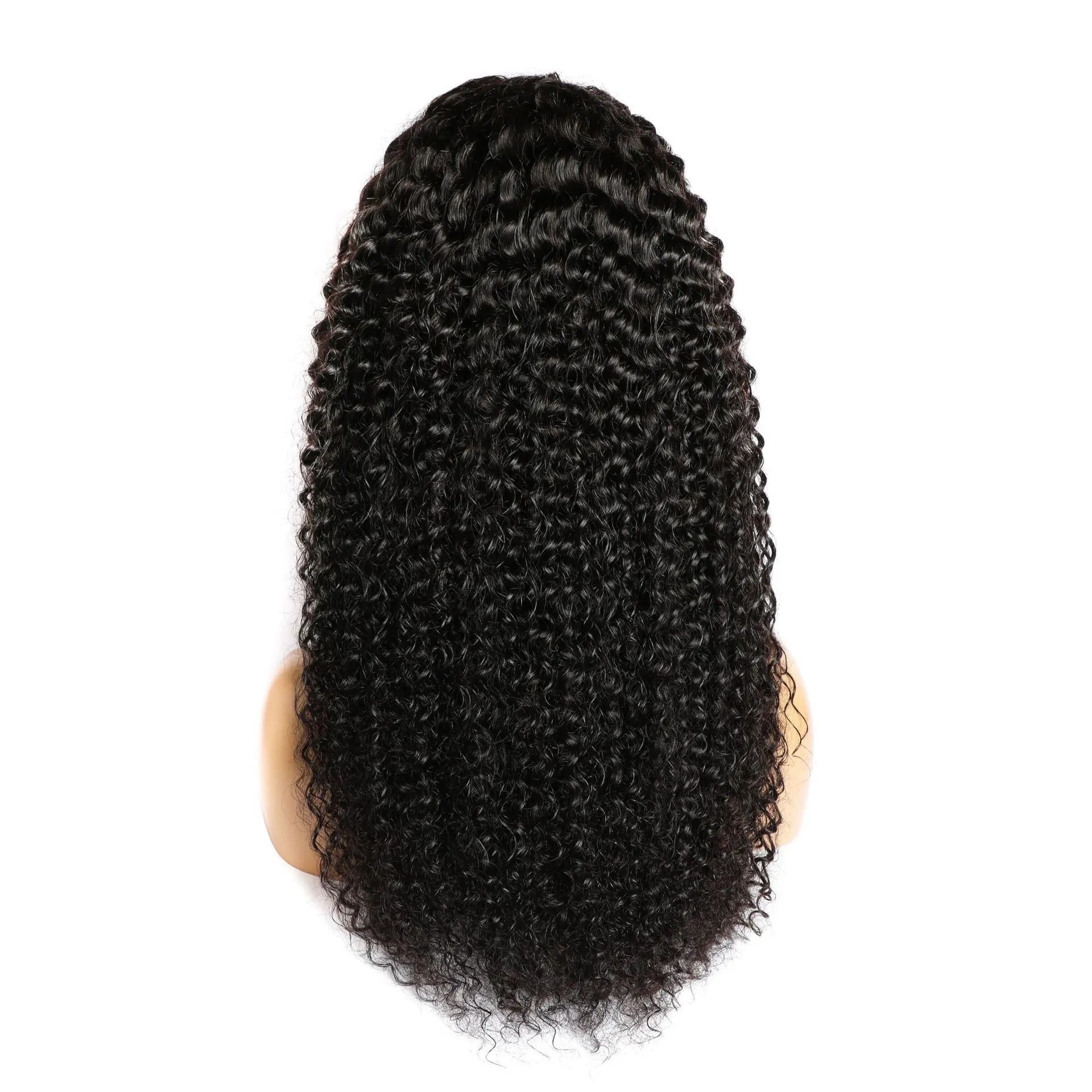 Curly human hair wig with lace front in various lengths showing natural texture and hand-woven construction