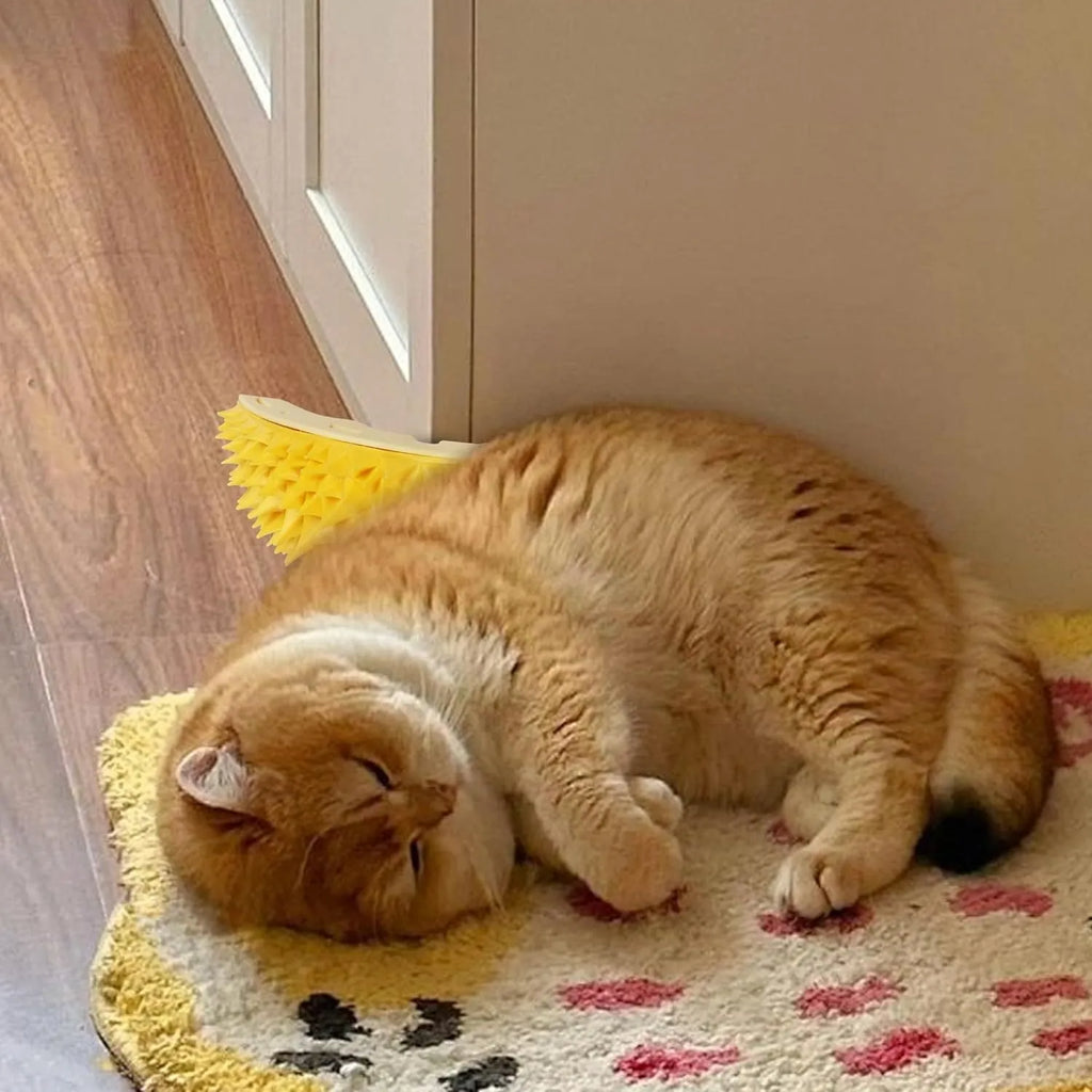 Yellow durian-shaped cat corner scratcher with massage comb and catnip powder
