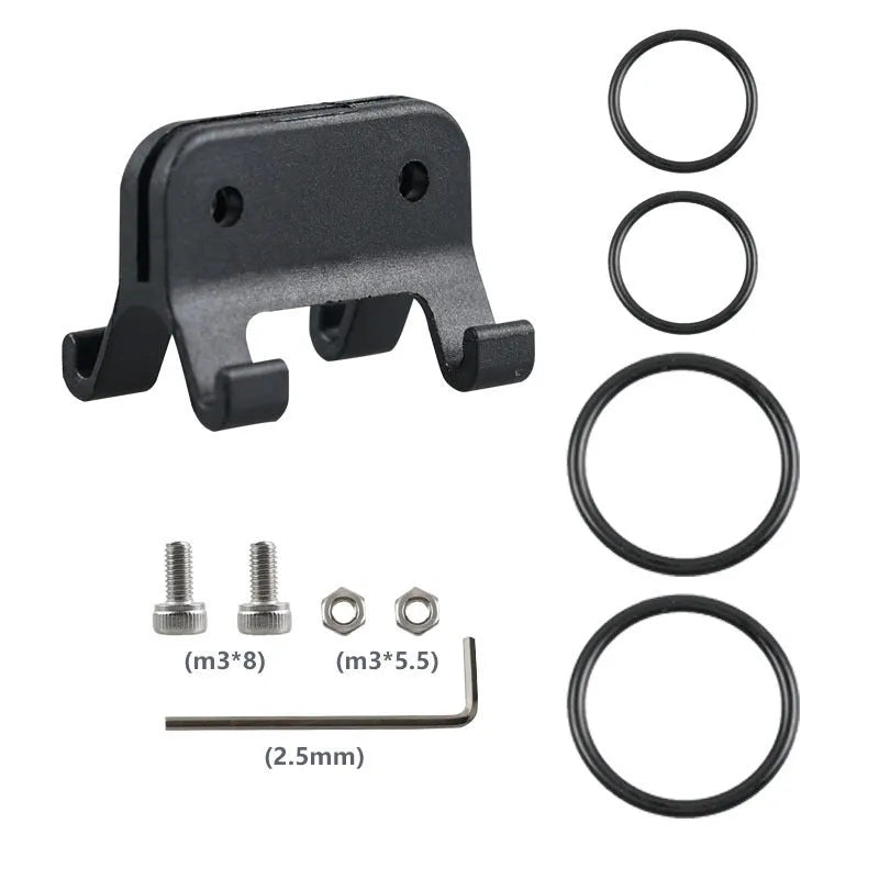 Bicycle number plate bracket for round tube and cracked air duct, plastic resin mount with leather rings and tool