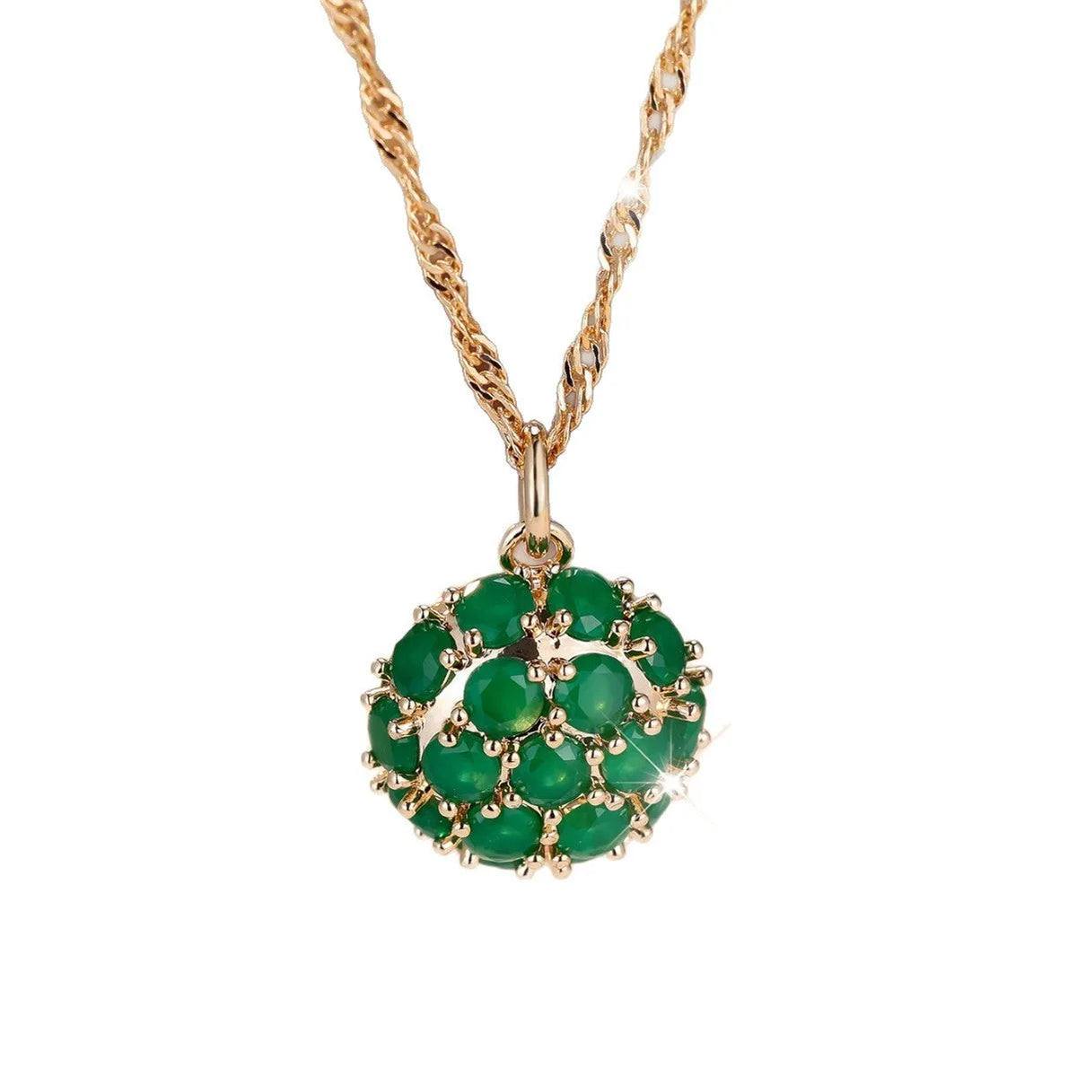 Round geometric emerald diamond necklace with champagne gold finish and adjustable chain