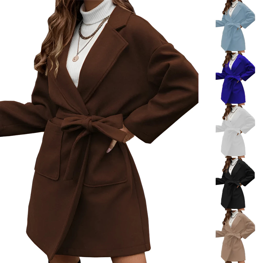 Minimalist long sleeve lapel button coat with a split belt in a loose Japanese Korean style