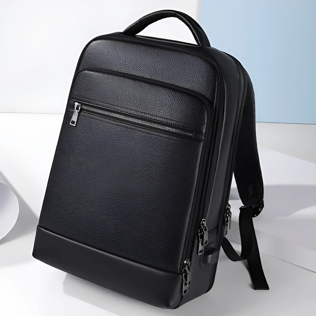 Men's black leather business computer backpack with curved shoulder straps