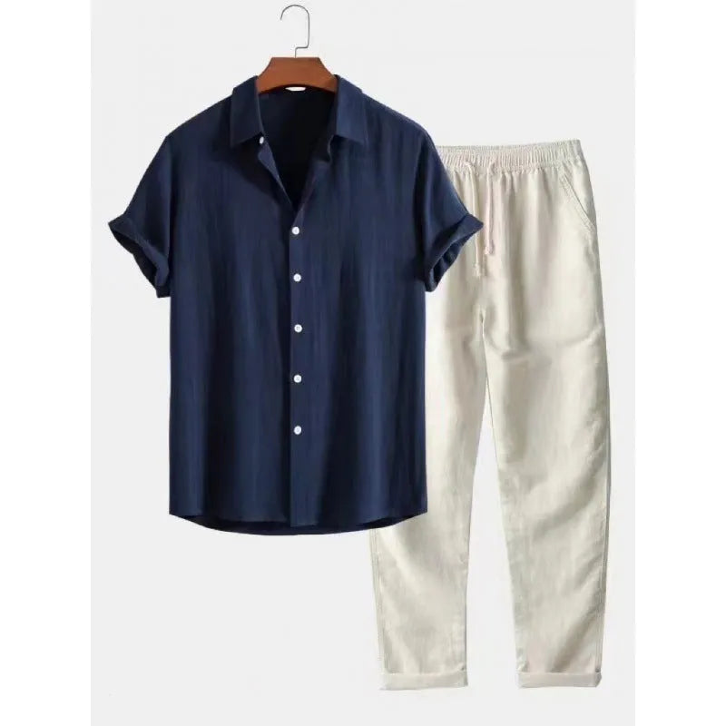 Men's casual linen-look short sleeve shirt and trousers suit set in coordinated two-piece design