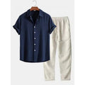 Men's casual linen-look short sleeve shirt and trousers suit set in coordinated two-piece design