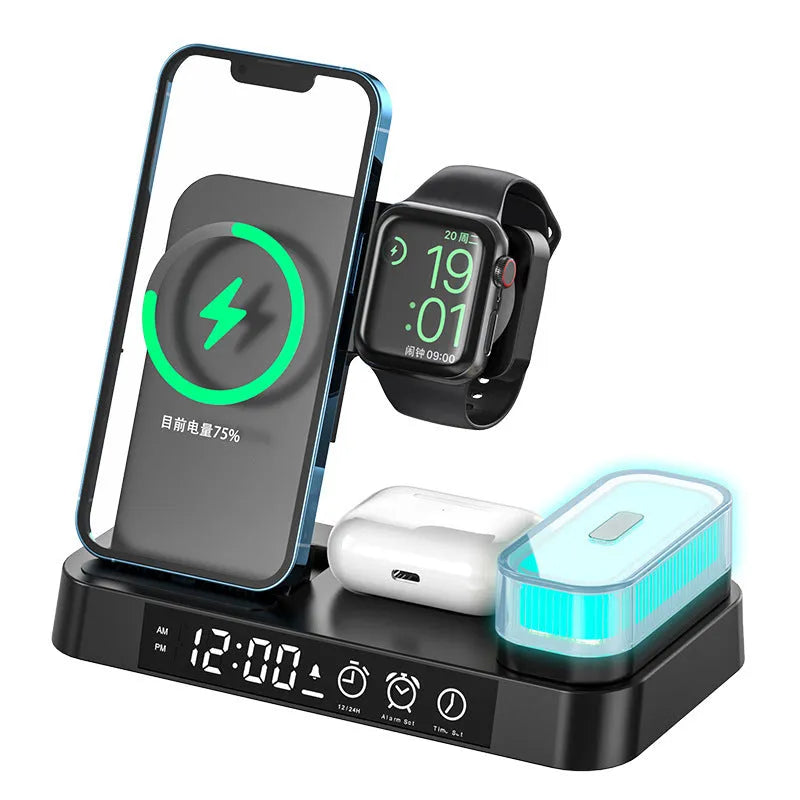 White 4-in-1 wireless charging station showing alarm clock display, foldable stand, and charging pads for phone and Apple Watch.