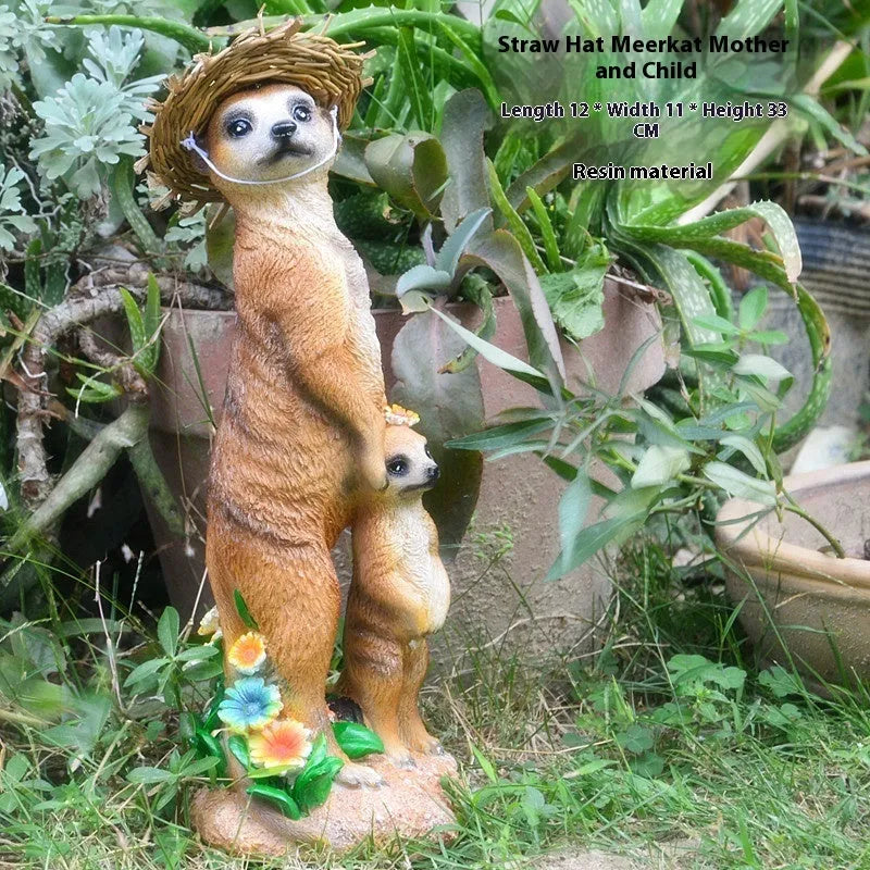 Straw hat mongoose garden ornaments in resin with rake and shovel designs