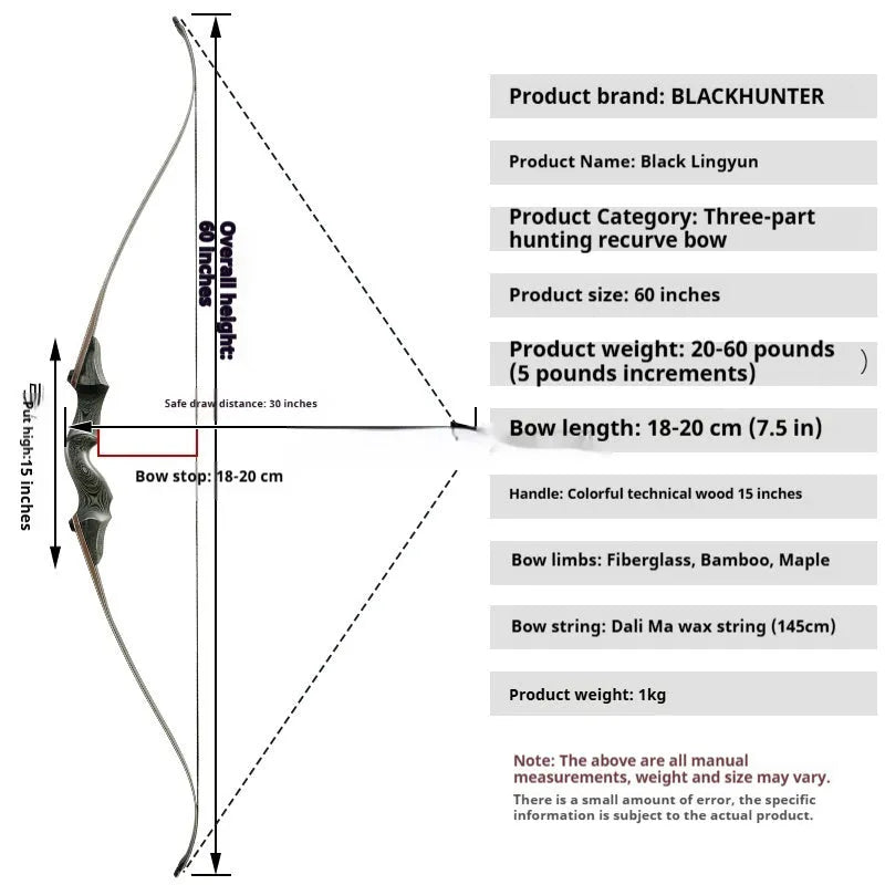 Wooden traditional recurve bow with colourful technology wood handle, glass fibre bamboo maple limbs, and 20-60 pound draw weights.