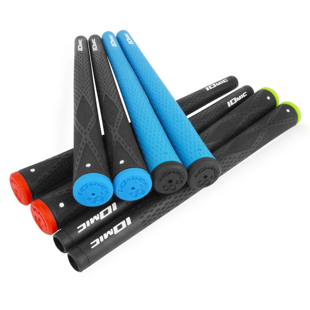TPE material golf club replacement grip shown in multiple colour options including pink, red, blue, and two-tone designs.