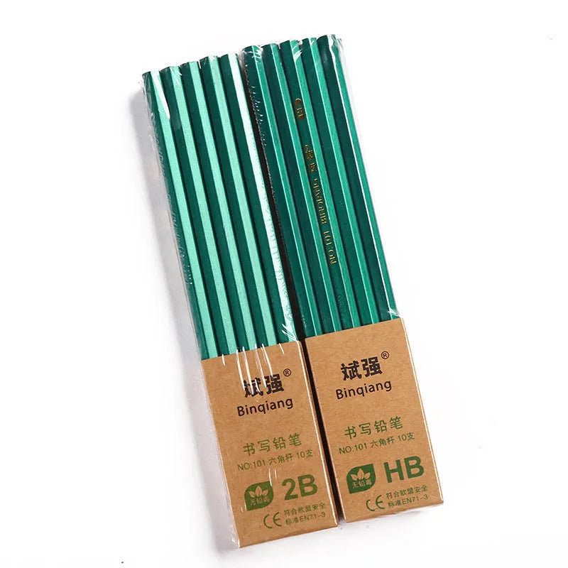 Box of 10 green rod hexagonal drawing pencils with HB and 2B graphite grades.