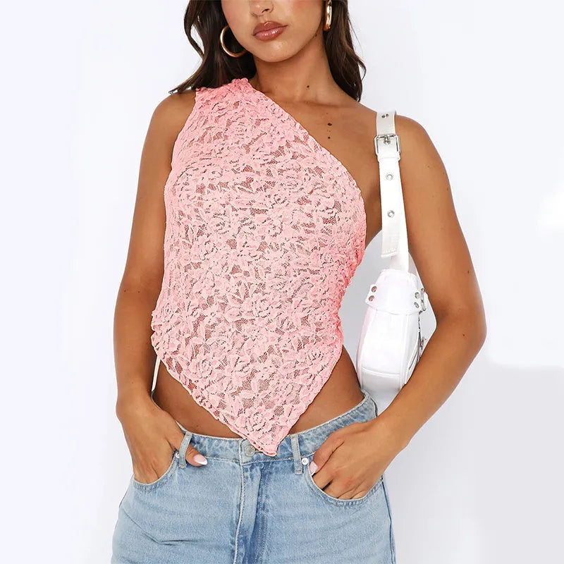 Women's lace backless polyester vest top with asymmetrical neckline in solid colour