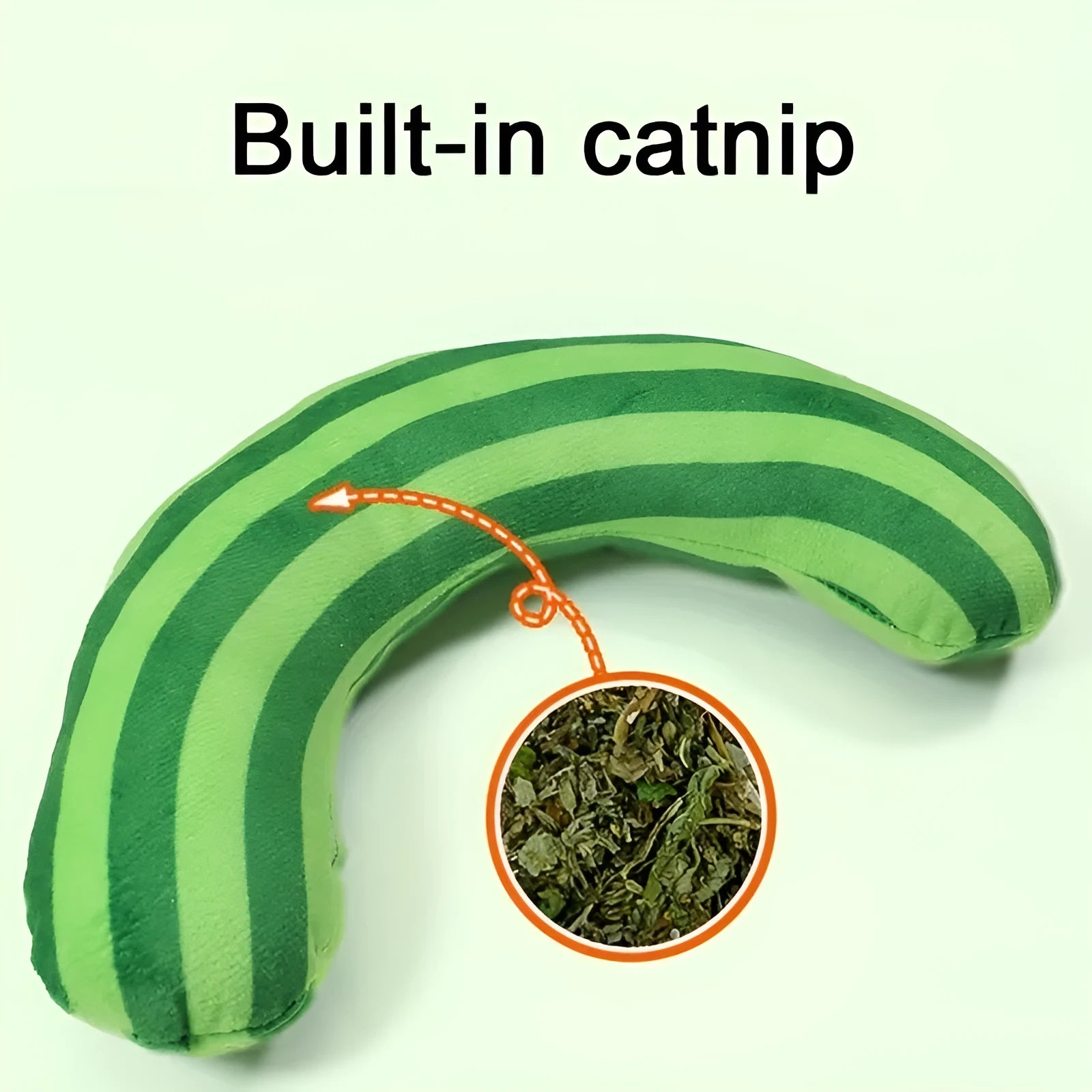 Green, rainbow, and yellow striped cat pillow and noise toy set on a white background