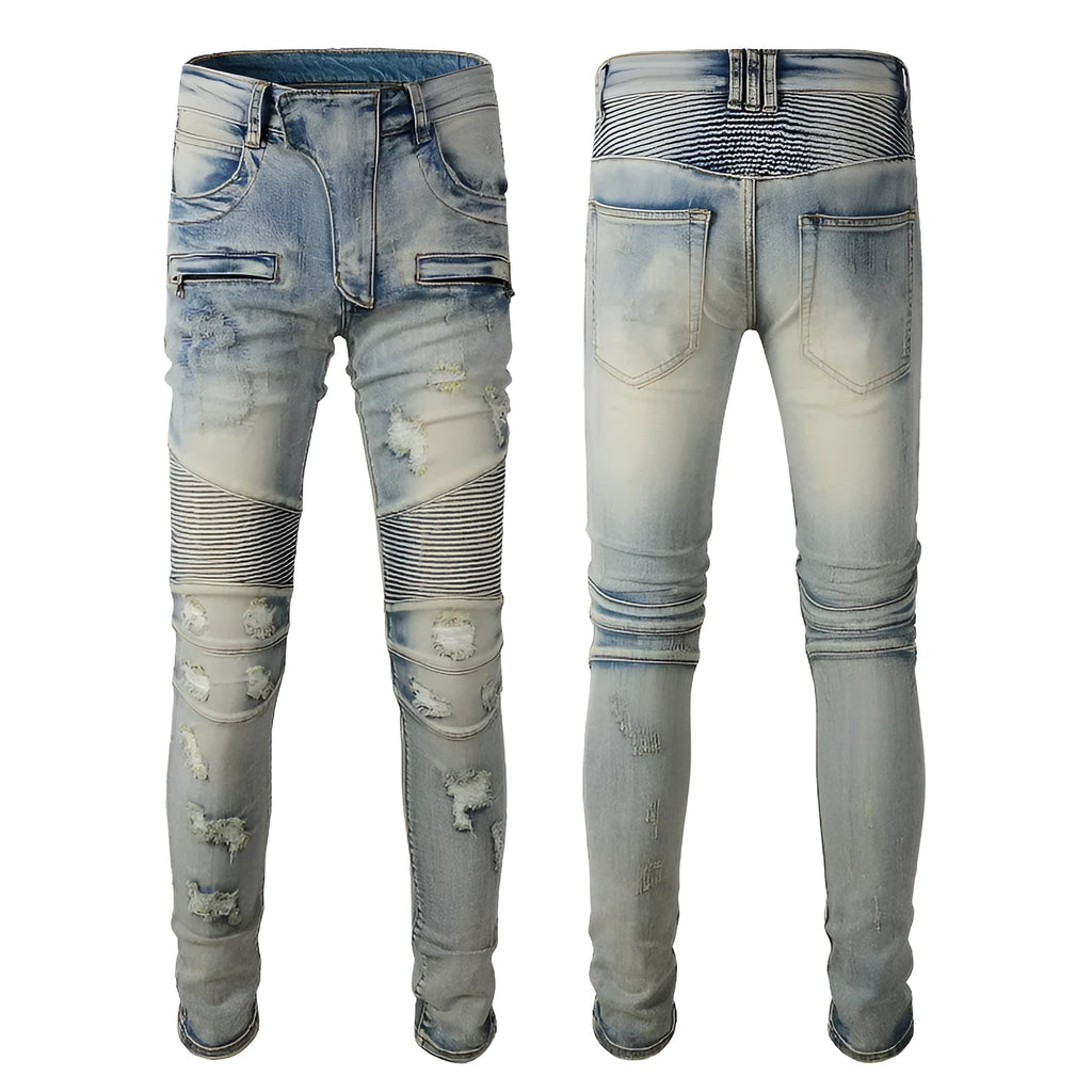 Light blue men's slim-fit distressed jeans with hand-frayed details on a mid waist and straight leg.