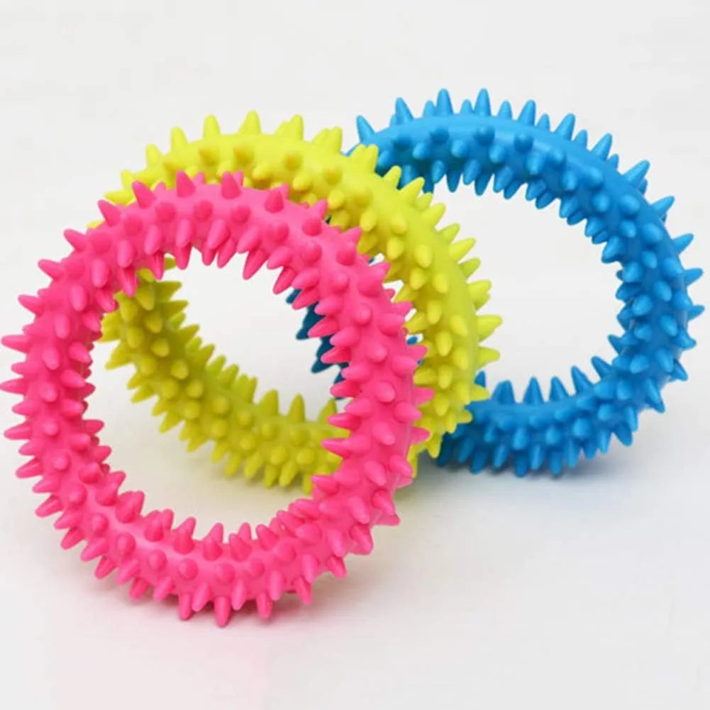 TPR spiky circle ring dog chew toy in blue, green, light blue, pink, rose red, or yellow, 9.5 cm diameter