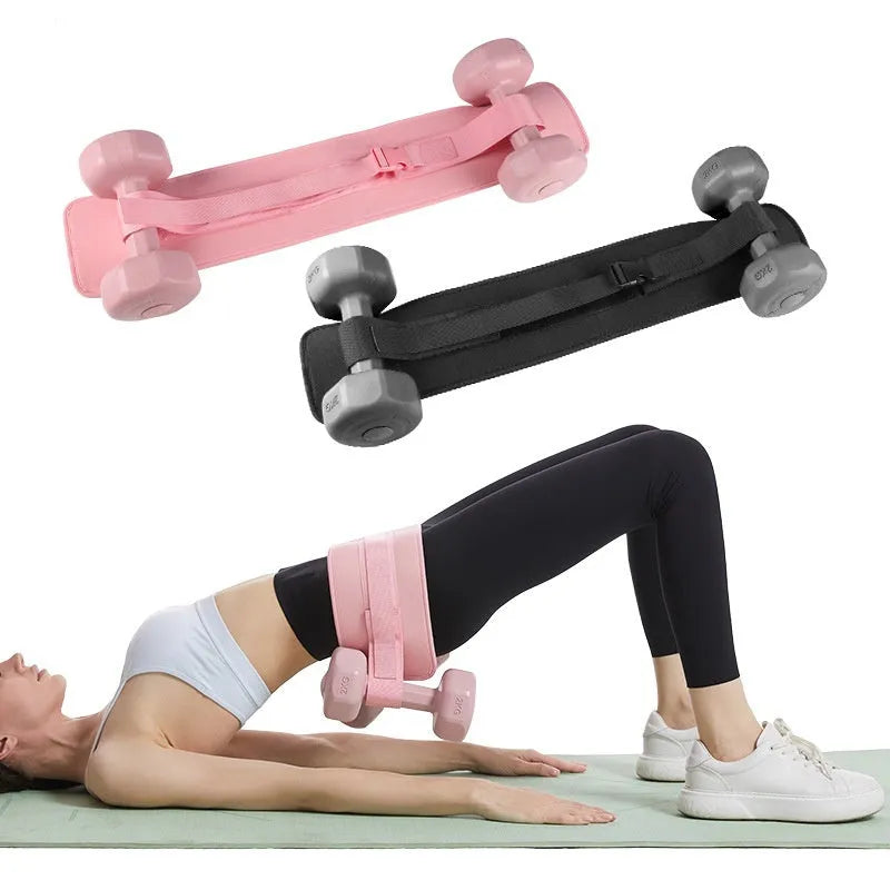 Black or pink fitness auxiliary strap for lumbar support during dumbbell barbell hip bridge exercises.