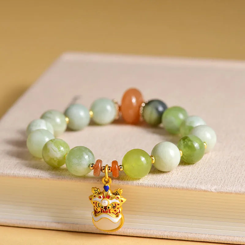 Green milk-in-water jade bracelet with 10mm geometric pendant in retro Xingshi design