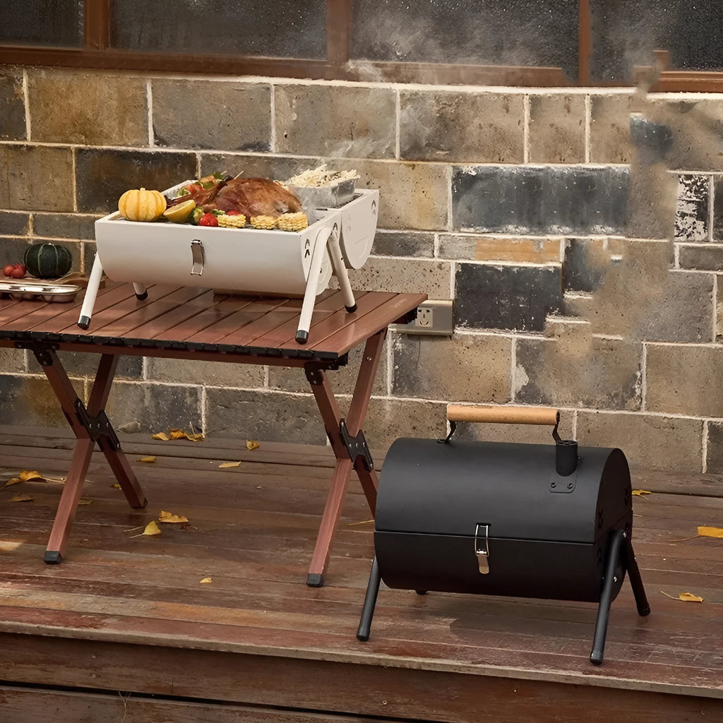 White portable folding charcoal grill with round chimney oven design and detachable carbon tanks