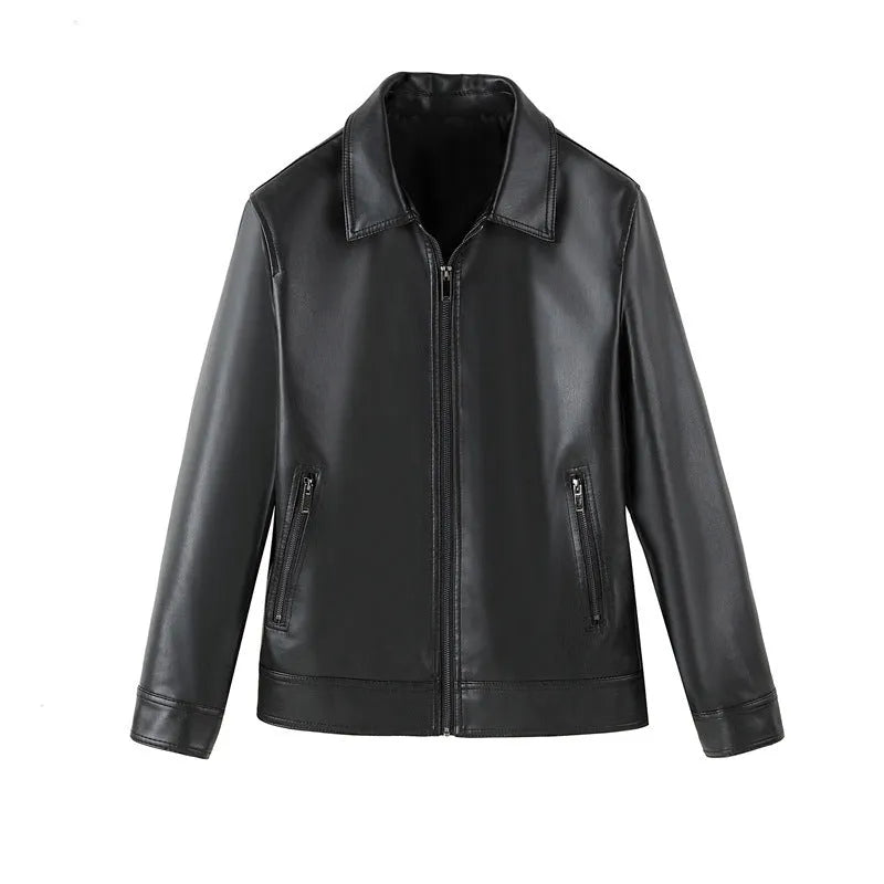 Men's black PU leather casual jacket with zipper pockets shown on a model.